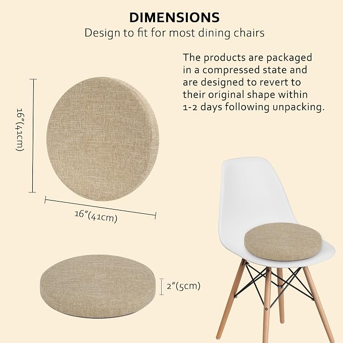 ELFJOY Round Chair Cushions for Dining Chairs Non Slip High-Resilience Foam Chair Pads 2" Thick Seat Cushions for Kitchen Chairs Set of 2 16" Beige