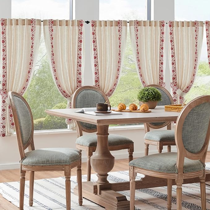 jinchan Red Floral Embroidered Short Linen Curtains 54×54 Inches 2 Panels | Light filtering, back tab, rod pocket, cafe curtains for kitchen bedroom living room, cottage farmhouse, small window