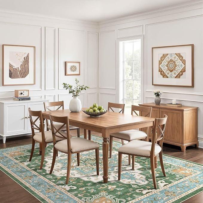 7x9 Area Rug Living Room: Washable Boho Large Neutral Vintage Soft Rug Stain Resistant Farmhouse Non-Slip Indoor Floor Retro Carpet for Bedroom Nursery Kids Office Dining Room- Green Multi