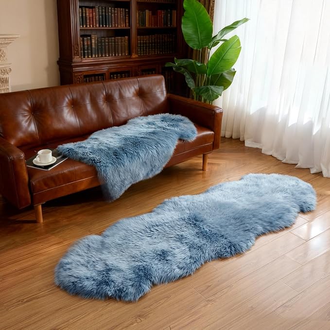 Premium Genuine Sheepskin Area Ruge - Real Wool Fur Shaggy Carpet | Fluffy Soft Natural Lambskin Rug Seat Chair Covers for Couch Sofa Bedroom Living Room(Dusty Blue,2×6 Feet Sheepskin)