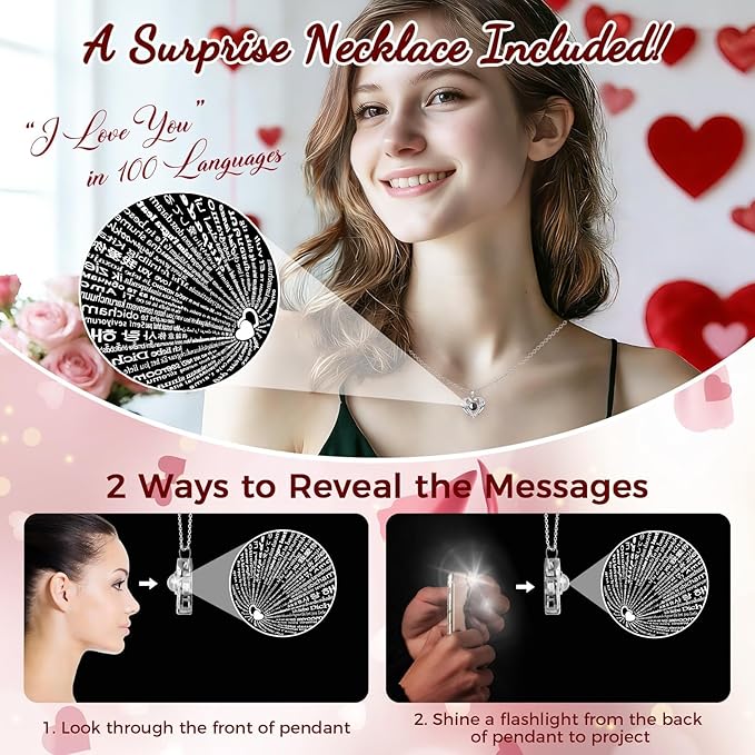 TranquilBliss Gifts for Mom, Preserved Real Red Rose Gift Box with Heart Necklace,“I Love You” in 100 Languages, I Love You Eternal Flowers Rose Gift Set for Mother's Day, Anniversary