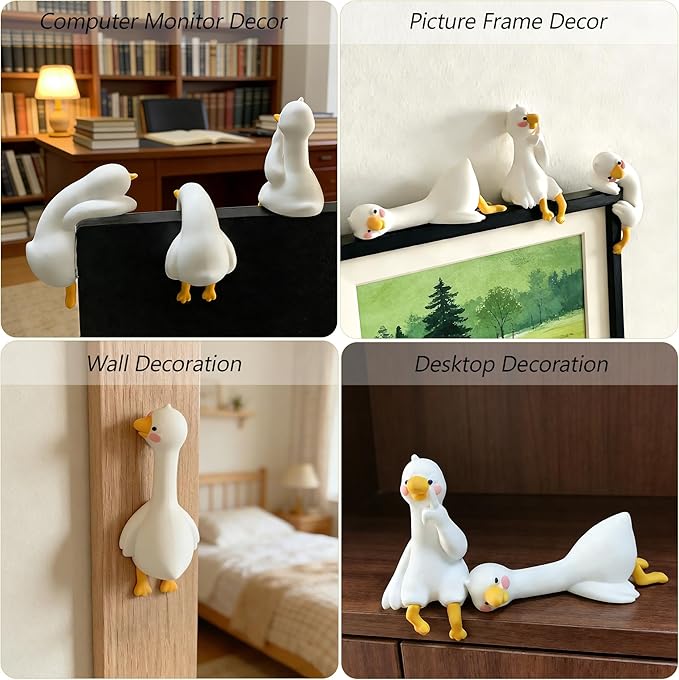 Funny Resin Desk Goose Decor 4 PCS, Mini Cute Goose Figurines for Computer Monitor, Car Dashboard and Rearview Mirror, Office Desk, Photo Frame Decorations Accessories & Housewarming Gifts