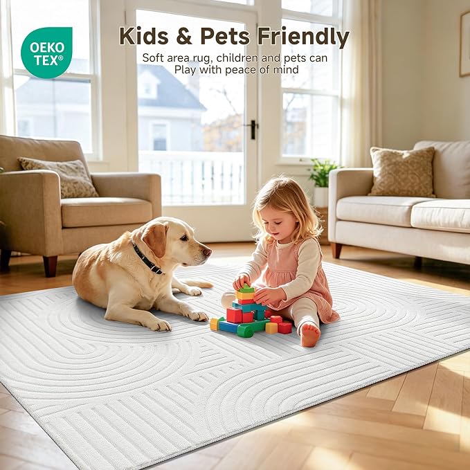 Pauwer 6x9 Washable Area Rugs for Living Room Modern White Solid Color Soft Fluffy Rugs for Bedroom Non Slip Boho Accent Indoor Mat Floor Carpet Cover for Kids Room Dining Room Kitchen Office