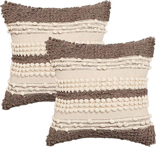 · REDEARTH · Boho Textured Throw Pillow Cases - Woven Tufted Decorative Farmhouse Cushion Covers Set for Couch - Sofa - Bed - Chair - Dining - Patio - Outdoor - 100% Cotton (18x18; Natural) Pack of 2