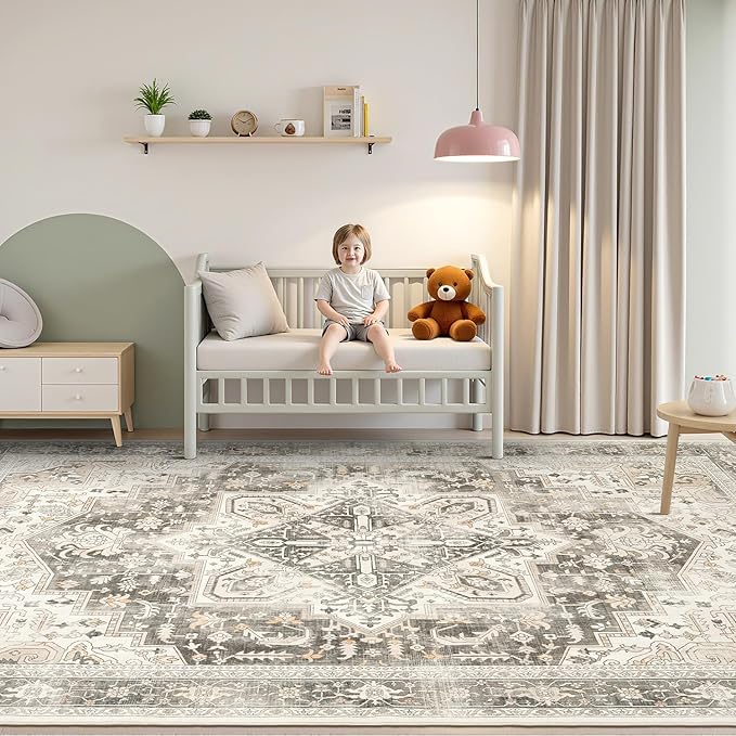 Rugflix 3x5 Area Rugs for Living Room, Machine Washable Rug Non Slip Stain Resistance, Small Rug Vintage Distressed Soft Carpet for Bedroom, Dining Room, Home Office, Beige Grey