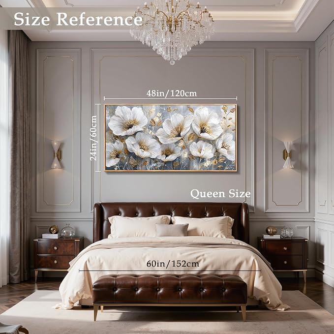 imjiayu Large Wall Decor, Flower Wall Art, Framed Wall Art, Botanical Floral Luxury Paintings, White Gold Modern Wall Decor for Living Room Bedroom Dining Room Hallway Office Picture Prints 24"x48"