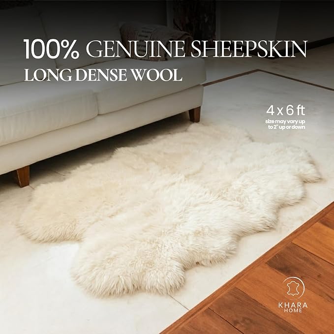 Genuine Sheepskin Rug 4x6 ft – Natural White Lambskin Soft & Fluffy Large Real Sheepskin Throw Area Rug for Living Room or Bedroom – Made in Argentina