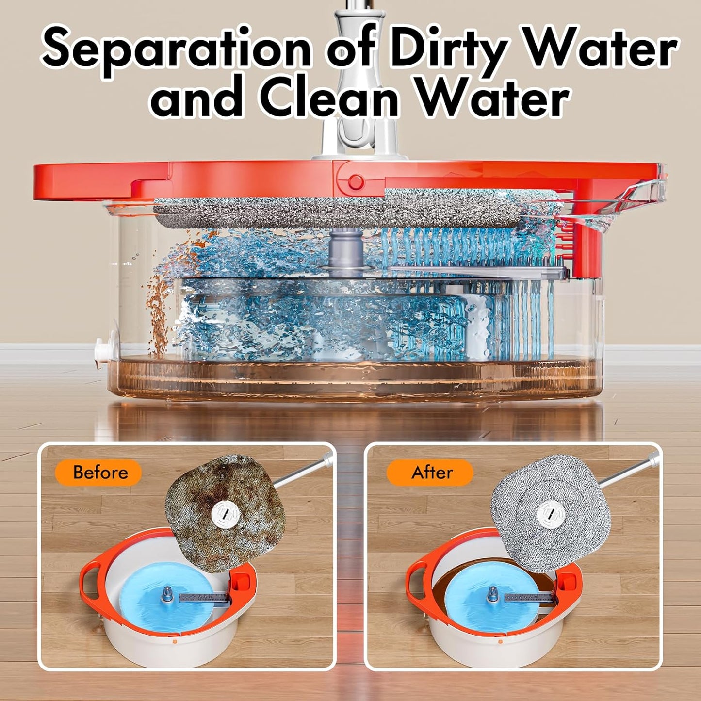 Spin Mop and Bucket with Separate Dirty and Clean Water,360° Spin Mop and Bucket System with Widening Foldable Handle,4 Replaceable Mop Pads,Square Mop for Floor Hardwood Marble Wall Cleaning