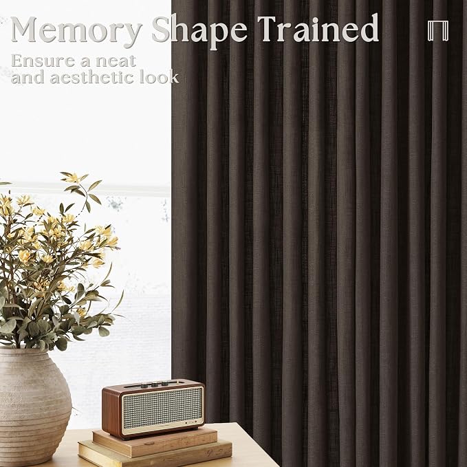 TWODRAPES Dark Chocolate Pinch Pleated Linen Curtains 2 Panels for Living Room Bedroom Memory Training Shaped Semi Sheer Pleat Drapes with Hooks Rings Light Filtering Window Curtain 40x45