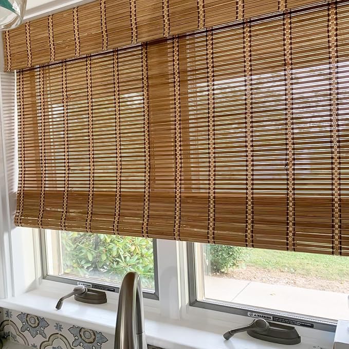 Cordless Bamboo Roman Shade, 30.5" W x 64" H, Natural Caramel Brown | Room Darkening Woven Wood Shades, Bamboo Window Shades for Living Room Bedroom Kitchen Doors, Easy to Install
