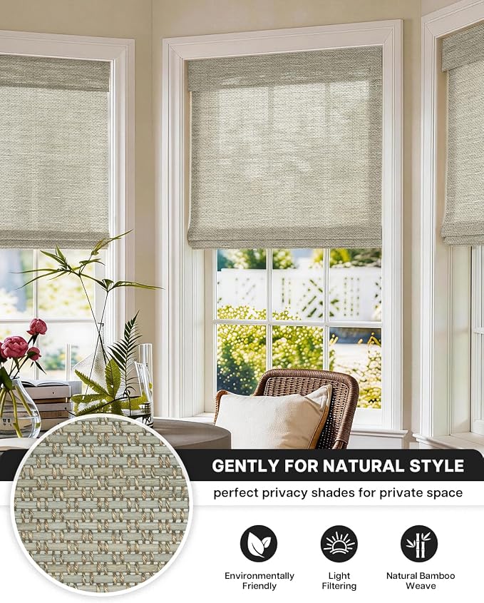 LazBlinds No Drill Cordless Bamboo Roman Shades, Light Filtering Blinds for Indoor Windows, Roll Up Bamboo Blinds for Home, 45" W x 64" H, Star-Grey