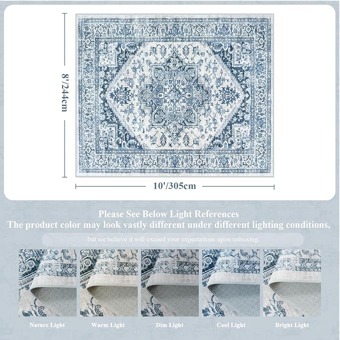 LIVEBOX Blue Washable Area Rug 8x10 - Large Vintage Tribal Living Room Rug Oriental for Bedroom, Non-Slip Retro Medallion Carpet Print Distressed for Dining Room Guest Office