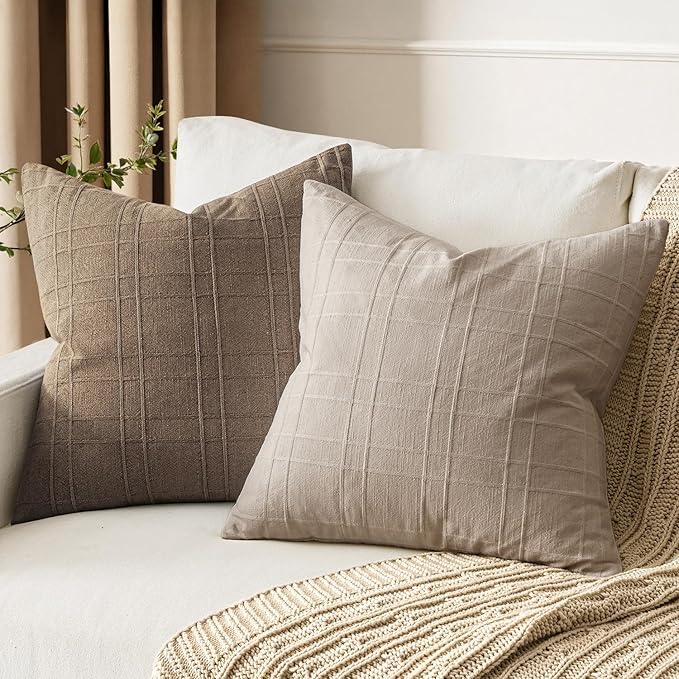 MIULEE Decorative Linen Check Throw Pillow Covers Neutral Farmhouse Vintage Pillow Covers 20x20 Set of 2 Boho Modern Home Decor for Sofa Couch Bedroom Cushion Natural Linen