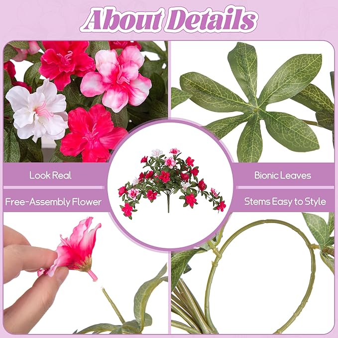 Ammyoo Artificial Fake Azalea Flowers for Outdoor Spring Decoration, Faux Silk Flower for Summer UV Resistant Look Real Plants for Garden Yard Porch Walkway Indoor Decor, 2PCS