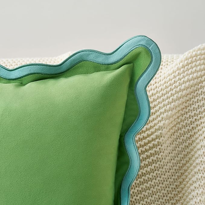 MONDAY MOOSE Decorative Throw Pillow Covers Cushion Cases, Set of 2 Soft Velvet Scalloped Wavy Edge Designs, Pillow Inserts Not Included (16x16 inch, Light Green/Light Blue)