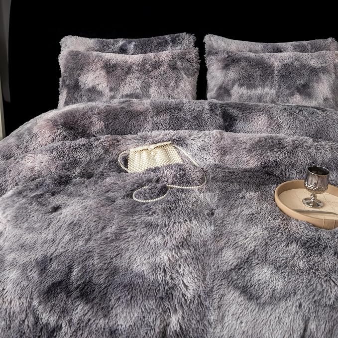 chovy Faux Fur Tie-Dyed Black Gray White Colorful Comforter Sets King - 3PC Bed Set Ultra Soft Plush Flannel Velvet Fluffy Fuzzy Bedding（Comforter x 1 Pillowcases x 2）