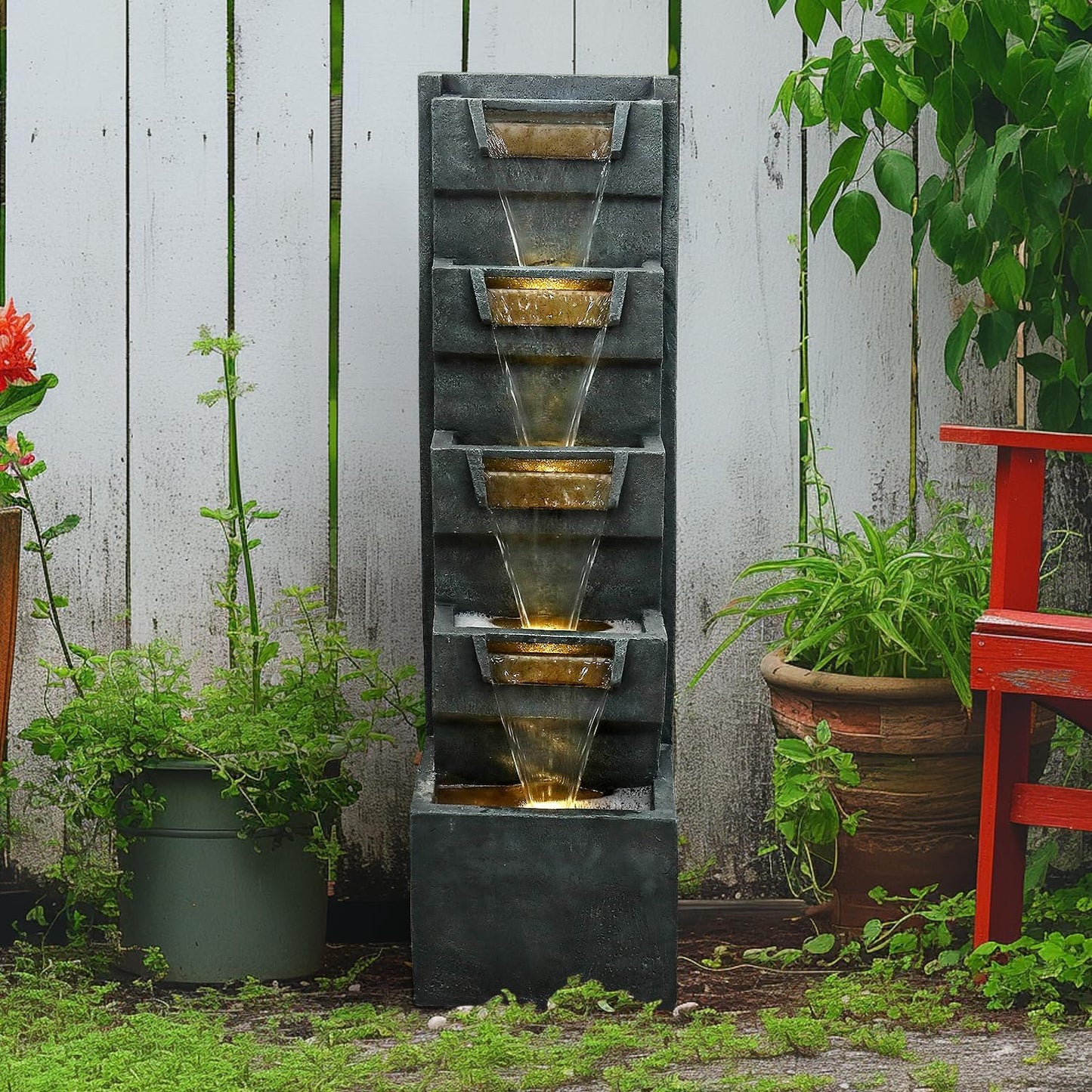 SunJet 4-Tiers Modern Cascading Indoor/Outdoor Fountains and Waterfalls with LED Lights - 39.3" High Large Water Fountain for Garden, Patio, Yard, and Deck Decor - Relaxing Water Fountain Outdoor