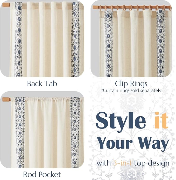 jinchan Weslie Boho Curtains for Bedroom Blue Vintage Floral Farmhouse Curtains 72 Inches Long Linen Drapes for Living Room Embroidered Drapes Light Filtering Rod Pocket Blue on Beige 2 Panels