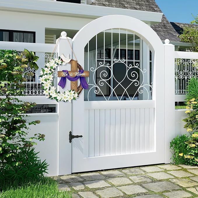 He is Risen Easter Decoration Wooden Wreaths for Front Door Sign Cross Sign Door Wall Signs, Christian Jesus Lily Flowers Ornaments Hanging Crafts for Spring Home Farmhouse Party Porch Decor