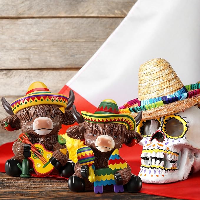 Karenhi 2 Pcs Cinco de Mayo Highland Cow Figurines, Mexican Resin Cow Gnomes Sombrero Guitar Maracas Scottish Statue Calf Lovers Gifts for Fiesta Home Garden Kitchen Office Tiered Tray Table Decor