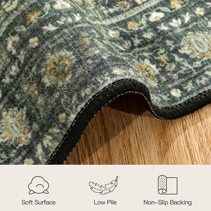 Lofus 2X 6 Area Rug, Green Washable Runner Rugs for Hallways with Non Slip Rubber Backing, Low Pile Soft Carpet Runner for Kitchen Bathroom Bedroom Laundry