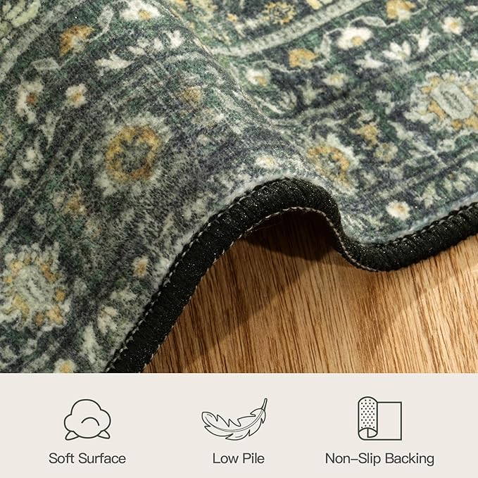 Lofus 2'6"x10' Area Rug for Hallways,Green Washable Runner Rugs with Non Slip Rubber Backing, Low Pile Soft Carpet Runner for Kitchen Bathroom Bedroom Laundry