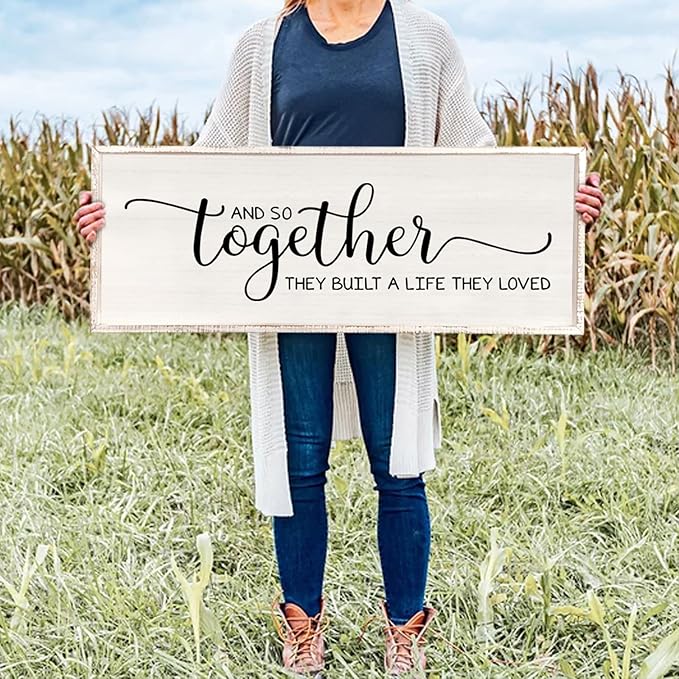 Surfapans And So Together They Built A Life They Loved Wall Decor 40”X15” Large Framed Farmhouse Wood Sign for Bedroom Above Bed Living Room Over Bed Wall Art Modern Hanging Decoration (White)