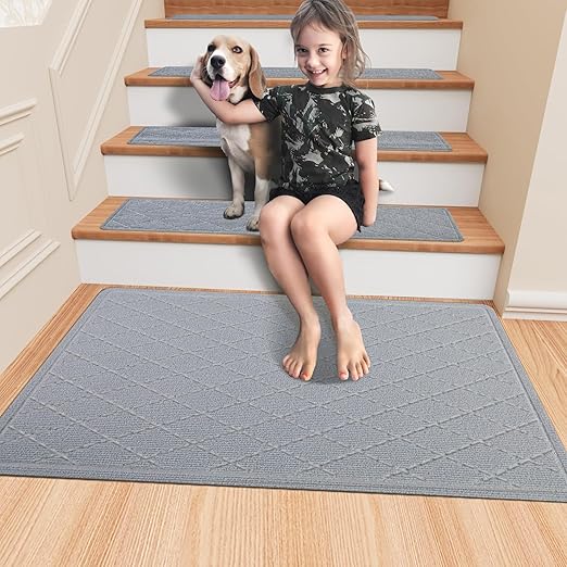 KOOTETA Non Slip Stair Treads Landing Rug for Wooden Steps Indoor, 20"X32" Landing Slip Resistant Stair Rugs for Kids and Dogs, Polyester Stair Landing Mat,Grey