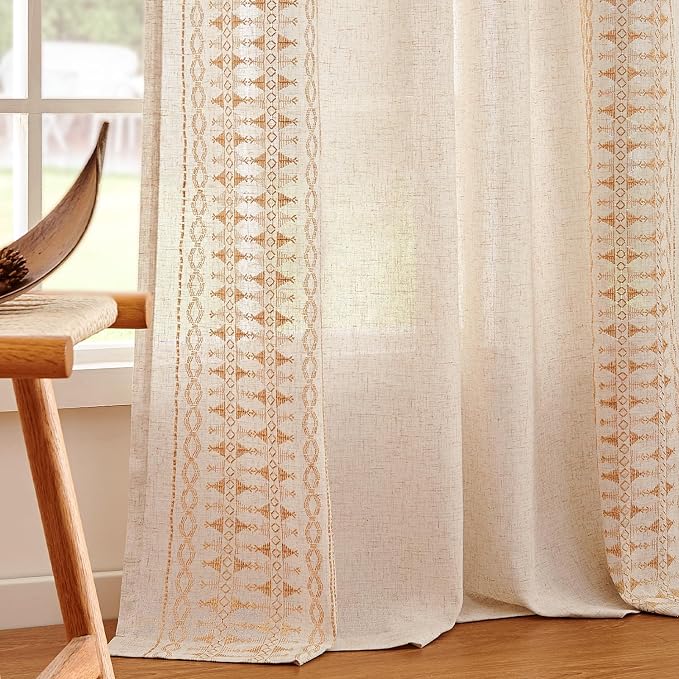 jinchan Boho Curtains for Bedroom Linen Blend Boho Curtains 96 Inches Long 2 Panels Farmhouse Embroidered Drapes for Living Room Drapes Light Filtering Grommet Window Traetments Gold on Beige