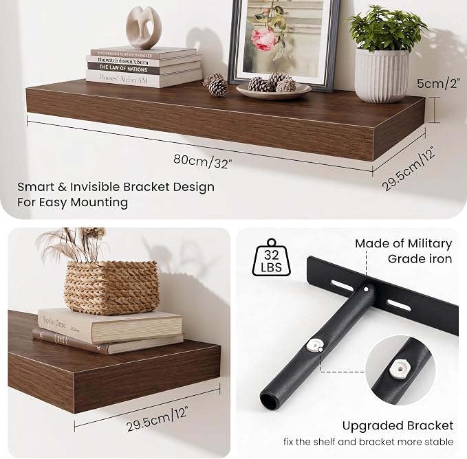 Fun Memories 32 x 12 Floating Shelves Wall-Mounted - Rustic Wood Shelf - 12 Inch Deep Floating Shelves for Wall - Large Storage Shelf for Bathroom - Kitchen & Bedroom - Walnut - Set of 2