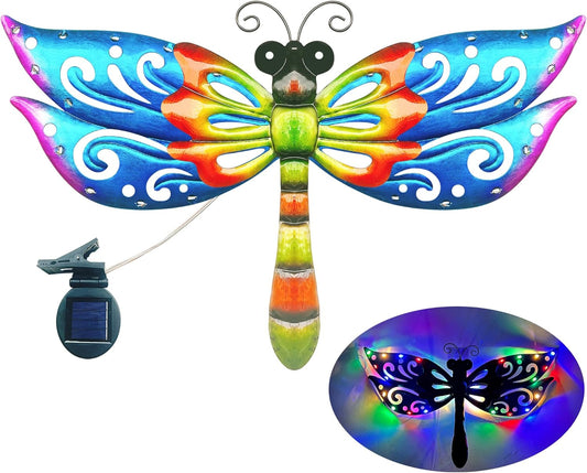 Solar Dragonfly Wall Art, 12-Inch Metal Garden Decor, Color Changing LED Lights, Multicolor