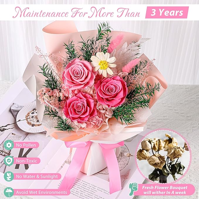 Flowers for Delivery Prime, Mothers Day Gifts for Mom,Preserved Flowers Bouquets, Pink Rose Birthday Gift for Women Wife Girlfriend Grandma, Real Forever Flower for Valentines Day Anniversary
