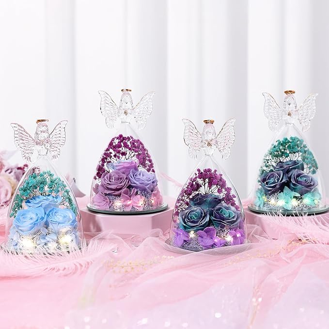 Mothers Day Rose Gifts for Women Preserved Real Flower in Glass Angel Figurines Roses for Delivery Prime Birthday Gifts for Mom Grandma Girlfriend Wife Her, Multi Purple