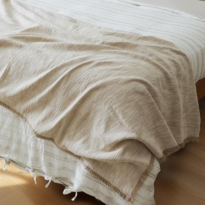 Calm Tranquil Oatmeal Weave Throw Blanket 55x80, Neutral Beige 100% Cotton Decorative Sofa and Bed Blanket, Lightweight All-Season Throw, Handwoven in India, OEKO-TEX Certified, Sofa Accent