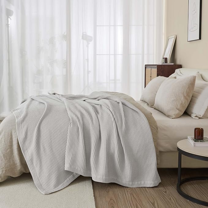 100% Cotton Light Grey Blanket Twin Size for Bed - Breathable and Soft, Waffle Weave for Summer Spring, 90x66 Inches