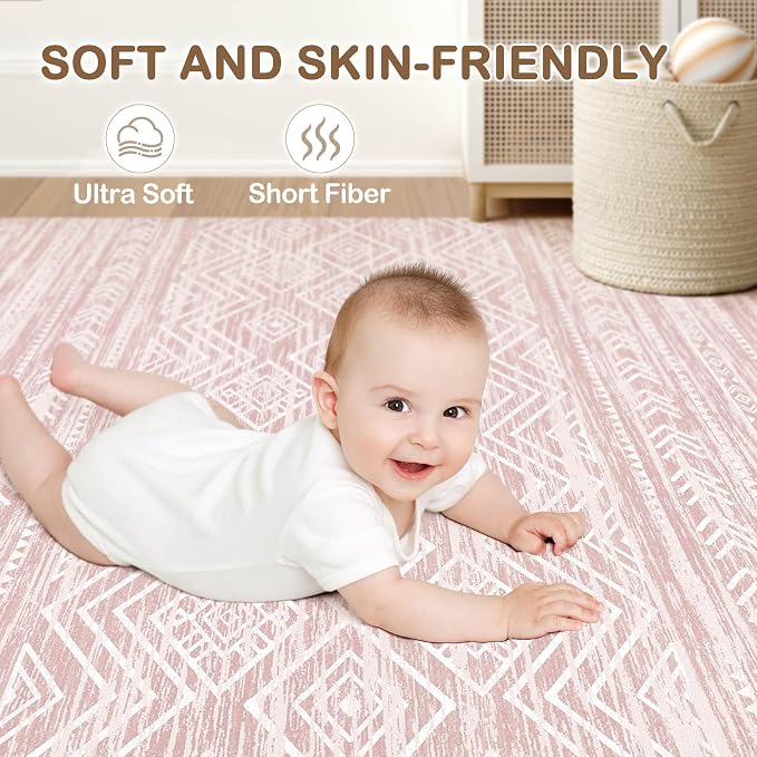 Tortania Area Rug Living Room Rugs- 10x13 Washable Large Soft Neutral Boho Moroccan Bohemian Farmhouse Rug Indoor Floor Carpet for Bedroom Under Dining Table Home Office Decor - Pink