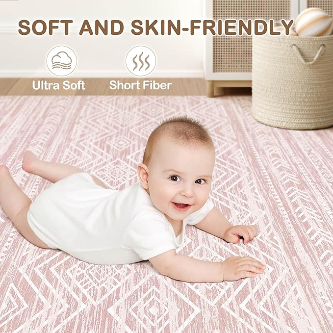 Tortania Area Rug Living Room Rugs- 10x14 Washable Large Soft Neutral Boho Moroccan Bohemian Farmhouse Rug Indoor Floor Carpet for Bedroom Under Dining Table Home Office Decor - Pink