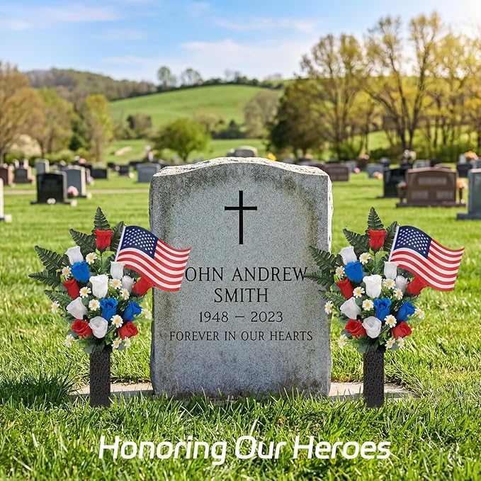 Memorial Day Flowers for Cemetery, 2 Sets Artificial Red White Blue Roses with American Flags Vase Patriotic Cemetery Flowers for Grave, Outdoor Gravesite Tribute Veterans Memorial Day Decorations
