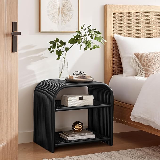 Modway Eve Curved Natural Rattan Side Table in Black – Round Accent End Table for Living Rooms, Bedrooms, or Covered Patios