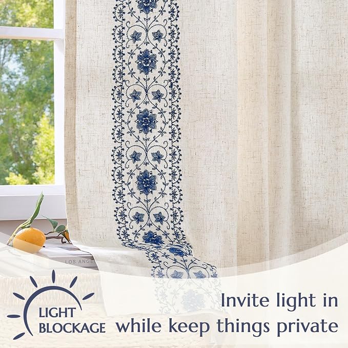 jinchan Weslie Boho Lined Linen Curtains for Bedroom Blue Vintage Floral Farmhouse Curtains 90 Inches Long Linen Drapes for Living Room Embroidered Drapes Rod Pocket Blue on Beige 2 Panels