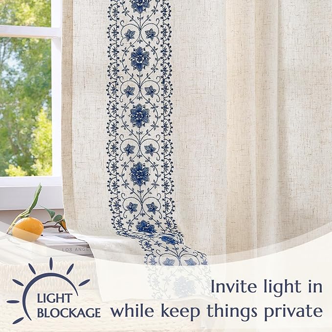 jinchan Weslie Boho Lined Linen Curtains for Bedroom Blue Vintage Floral Farmhouse Curtains 96 Inches Long Linen Drapes for Living Room Embroidered Drapes Rod Pocket Blue on Beige 2 Panels