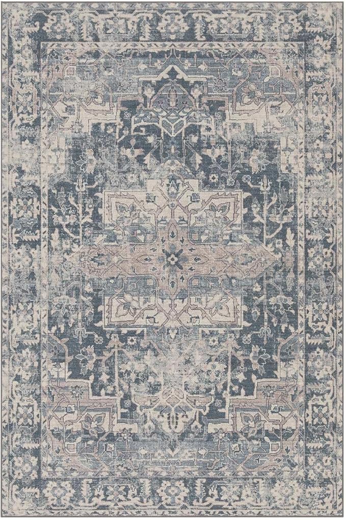 Rugxara 10x14 Area Rugs for Living Room Bedroom, Large Washable Rug, Blue Vintage Retro Boho Rug, Non Slip & Low Pile Faux Wool Thin Carpet for Indoor Dining Room and Kids Room(Blue 10x14ft)