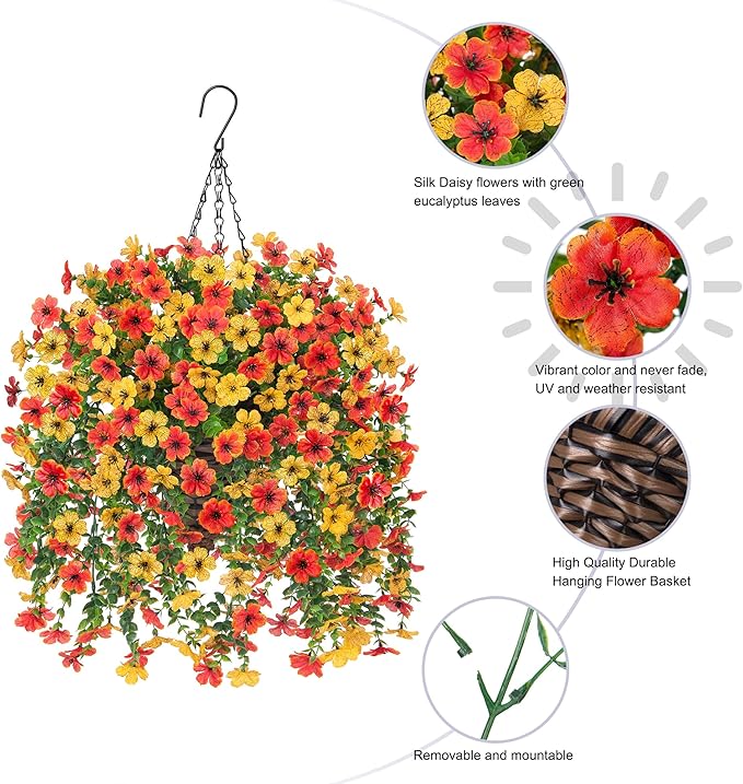 HyeFlora Artificial Hanging Flowers Basket for Outdoor, Fake Flowers Faux Plants Look Real for Yard Gardens Porch Patio Home (Orange+Yellow)