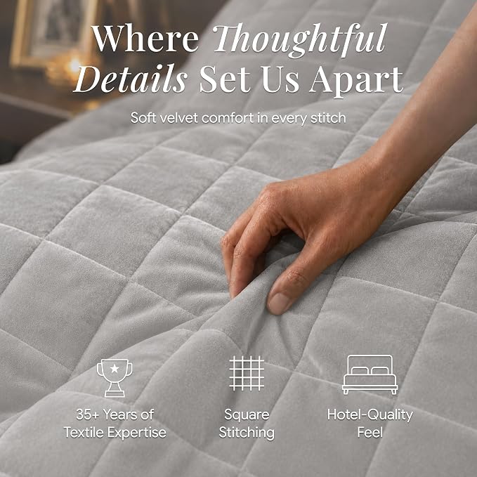 Tribeca Living Luxury Velvet Quilt Queen Size Set - 260GSM Ultra-Soft Oversized Velvet Bedspread Comforter Set with 2 Shams, in Florence Silver Grey
