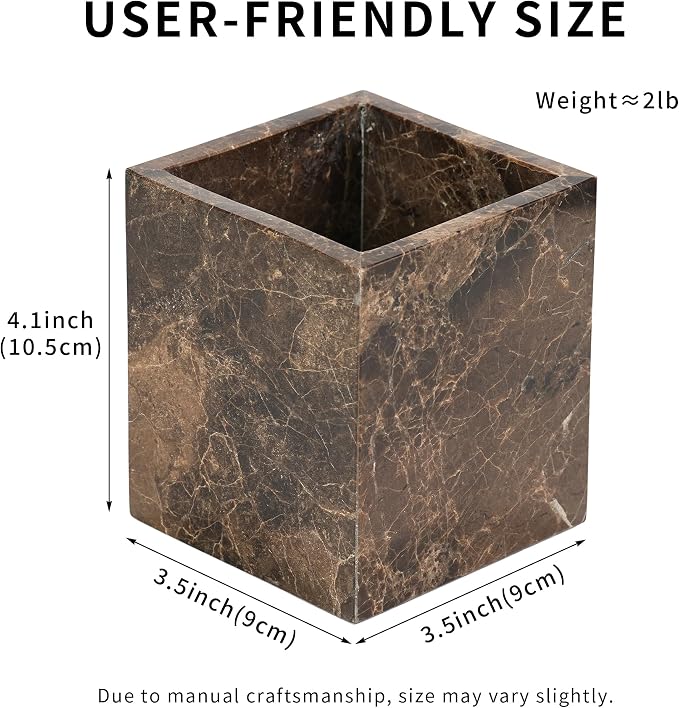 Marble Makeup Brush Holder - Brown Candle Toothbrush Cup for Bathroom Accessories, Decorative Pencil Organizer for Office Desk Aesthetic, Stone Utensil Container for Kitchen Countertop