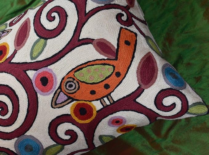 Lumbar Cushion Cover Hand Embroidered Wool 13x21 (Cream Birds Lumbar Pillow Cover)