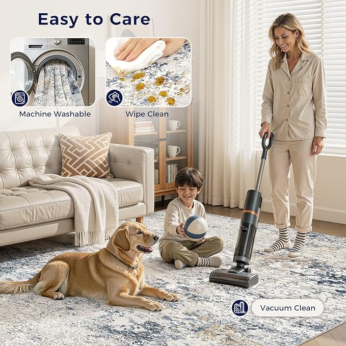 DMOYEST Area Rug Living Room Rugs - 7x9 Large Soft Indoor Neutral Modern Abstract Low Pile Washable Rug Carpet for Bedroom Dining Room Farmhouse Home Office - Beige Blue