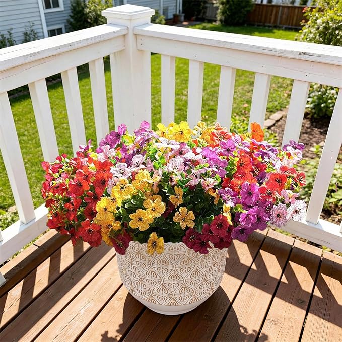 Artificial Violet Flowers Outdoor UV Resistant, 16-Stem Multi Pack Faux Purple Blooms for Front Porch, Patio, Garden & Large Planters, Fade Resistant Silk Fake Flowers (16, Mix Colors)