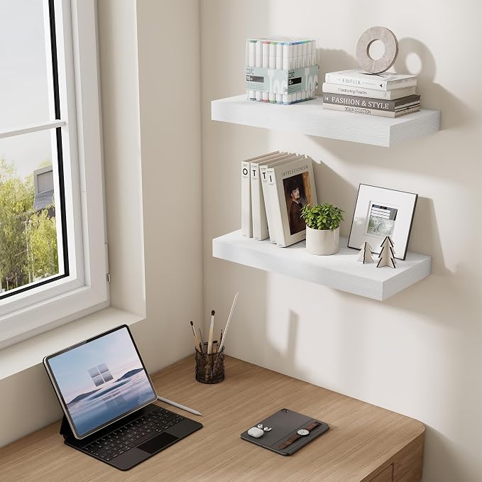 Dreamland 20Inch White Floating Shelves 6.7" Deep Wall Mounted Set of 2 | Wall shelves for bathroom, bedroom, Living Room, kitchen, deep wall mount wood storage display for home decor 20" x 6.7"