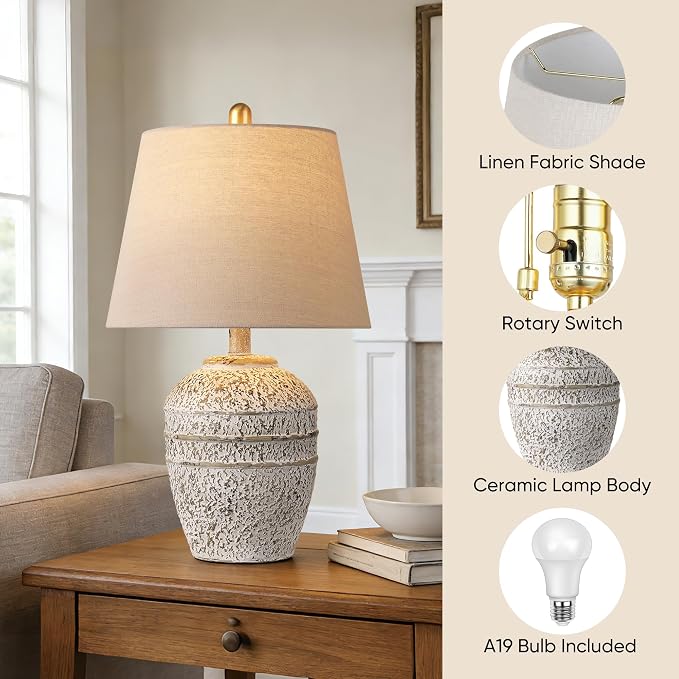 PARTPHONER Rustic Farmhouse Ceramic Table Lamp for Living Room Bedroom, Modern Bedside Lamp with Linen Shade, Natural Distressed Earth Tone Finish Table Lamp for Night Stands, Dining, Office, Grey